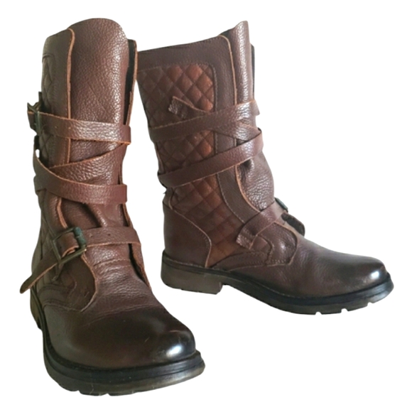 Steve Madden Banddit Sz 7 Leather Brown Moto Buckle Boots quilted Women - Picture 2 of 16